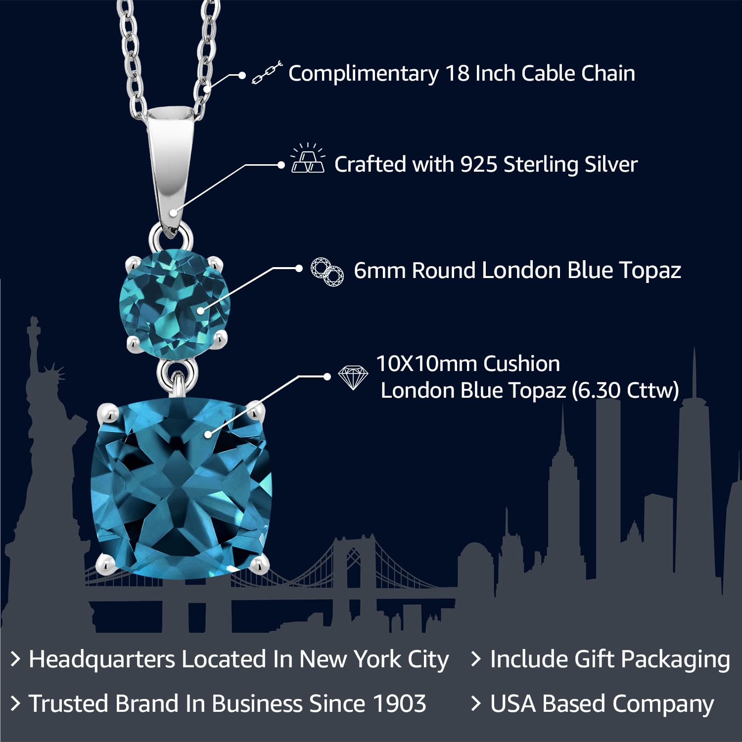 Gem Stone King 6.30 Cttw London Blue Topaz Pendant Necklace For Women In 925 Sterling Silver | Gemstone November Birthstone | Cushion 10MM | Round 6MM