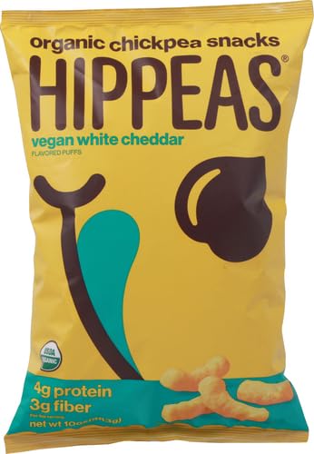 Hippeas Organic Chickpea Puffs, Vegan White Cheddar, 10 Ounce (Pack of 1), Family Size, 4g Protein, 3g Fiber, Vegan, Gluten-Free, Crunchy, Plant Protein Snacks