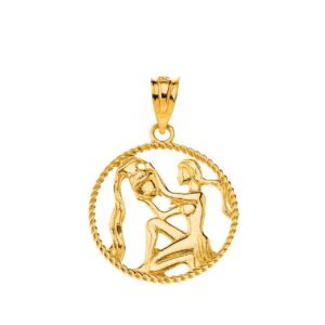 certified 14k yellow gold round aquarius zodiac sign twisted rope style charm pendant