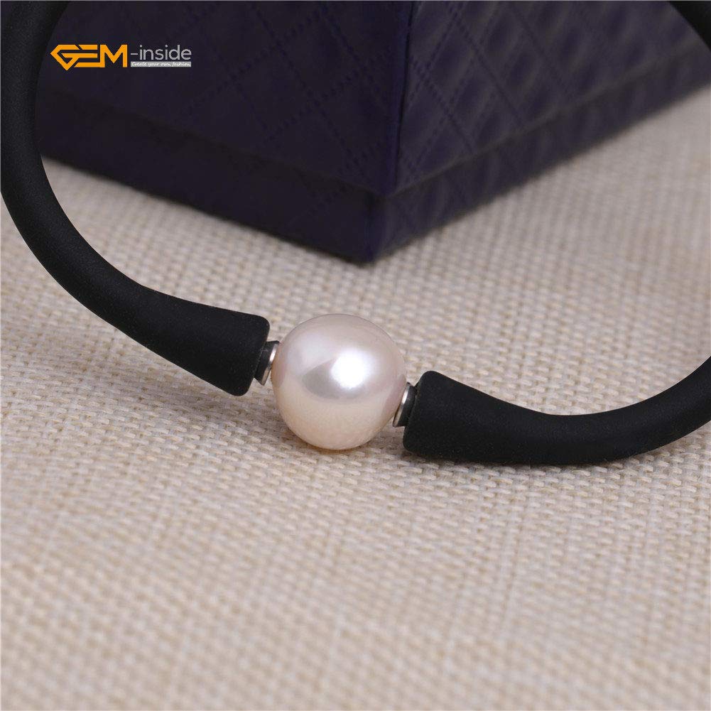 Jewelry Bracelet White Freshwater Pearl Black Rubber Stretch 7" Healing Reiki Fashion for Women Gifts