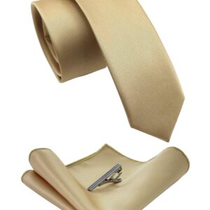 JEMYGINS 2.4" Gold Skinny Tie and Pocket Square with Tie Clip Silk slim Necktie Sets for Men