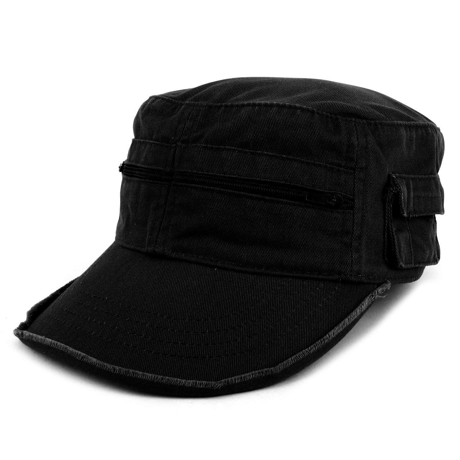 Armycrew Enzyme Washed Zippered Front Pockets Frayed Bill Army Cap - Black