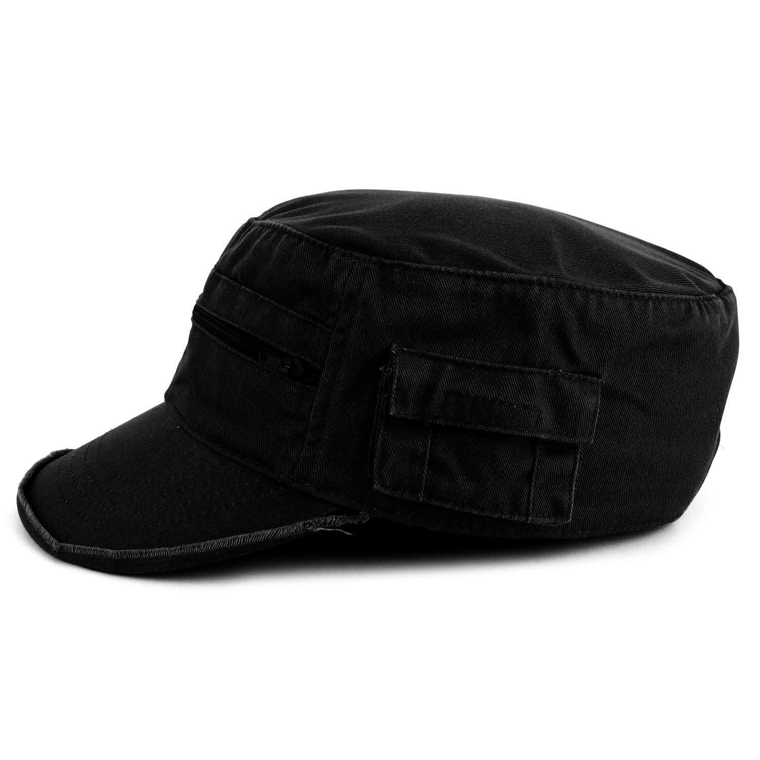 Armycrew Enzyme Washed Zippered Front Pockets Frayed Bill Army Cap - Black