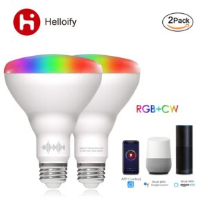 helloify BR30 Smart WiFi LED Light Bulbs, RGBCW Multi-Color Changing, Warm to Cool White Dimmable, Work with Alexa & Google Home (No Hub), 60W Equivalent E26, RGB+2700K-6500K, 2 Count