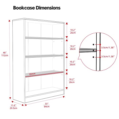 Wood Bookcase 4-Shelf Freestanding Display Wooden Bookshelf for Home Office School (11.6" D*33" W*48" H,White)