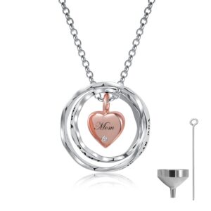 oGoodsunj Sterling Silver Keepsake Jewelry Cremation Pendant Eternity Urn Necklace for Ashes - Double Rings Urns Necklaces You Are Always In My Heart I Love You Forever (Mom, Rose Gold)