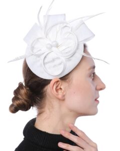 coolwife womens fascinator hat sinamay pillbox flower feather tea party derby wedding headwear (a white)