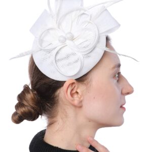 Coolwife Womens Fascinator Hat Sinamay Pillbox Flower Feather Tea Party Derby Wedding Headwear (A White)