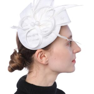 Coolwife Womens Fascinator Hat Sinamay Pillbox Flower Feather Tea Party Derby Wedding Headwear (A White)