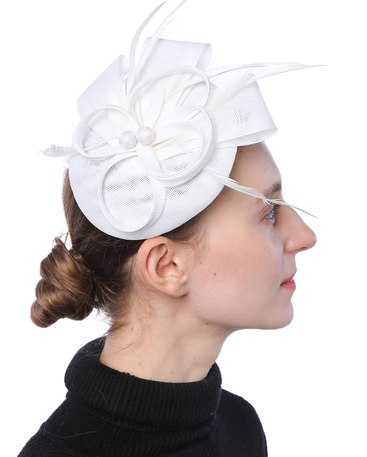 Coolwife Womens Fascinator Hat Sinamay Pillbox Flower Feather Tea Party Derby Wedding Headwear (A White)