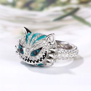 Jeulia 4.08 Carat Cheshire Cat Rings for Women Sterling Silver Enamel Rings Handmade White Diamond Animal Rings Bridal Set Wedding Engagement Anniversary Promise