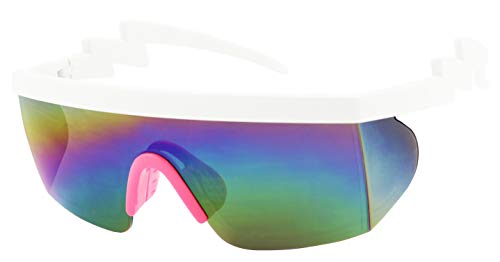 ShadyVEU Semi Rimless Neon Rainbow Sunglasses Mirrored Lens UV Protection 80s Retro Rave Shades Crooked ZigZag Bolt Arm (White w/Pink Nose Pad/Rainbow Mirrored Lens)