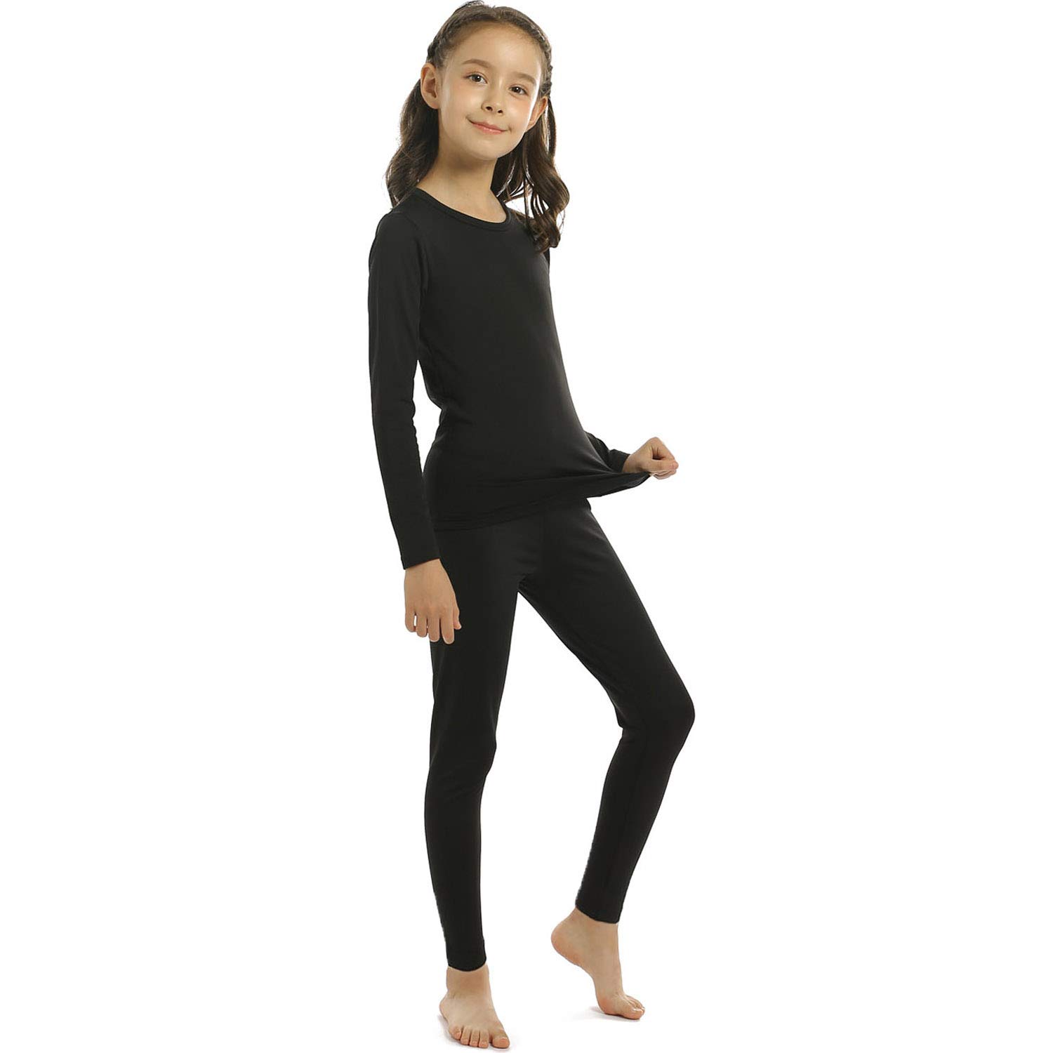 Girls Thermal Underwear Set Kids Long Johns Fleece Lined Base Layer Black Small