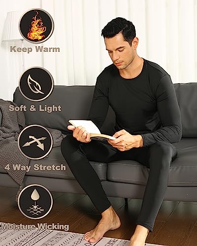 ViCherub Thermal Underwear for Men Fleece Lined Long Johns Thermals Top and Bottom Set Base Layer for Cold Weather Black XXL