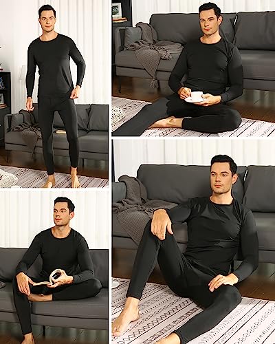 ViCherub Thermal Underwear for Men Fleece Lined Long Johns Thermals Top and Bottom Set Base Layer for Cold Weather Black XXL