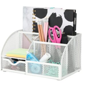 Exerz Desk Organizer White Office Desk Accessories Supplies Office Storage Desktop Pencil Pen Holder with Drawer Home Workspace