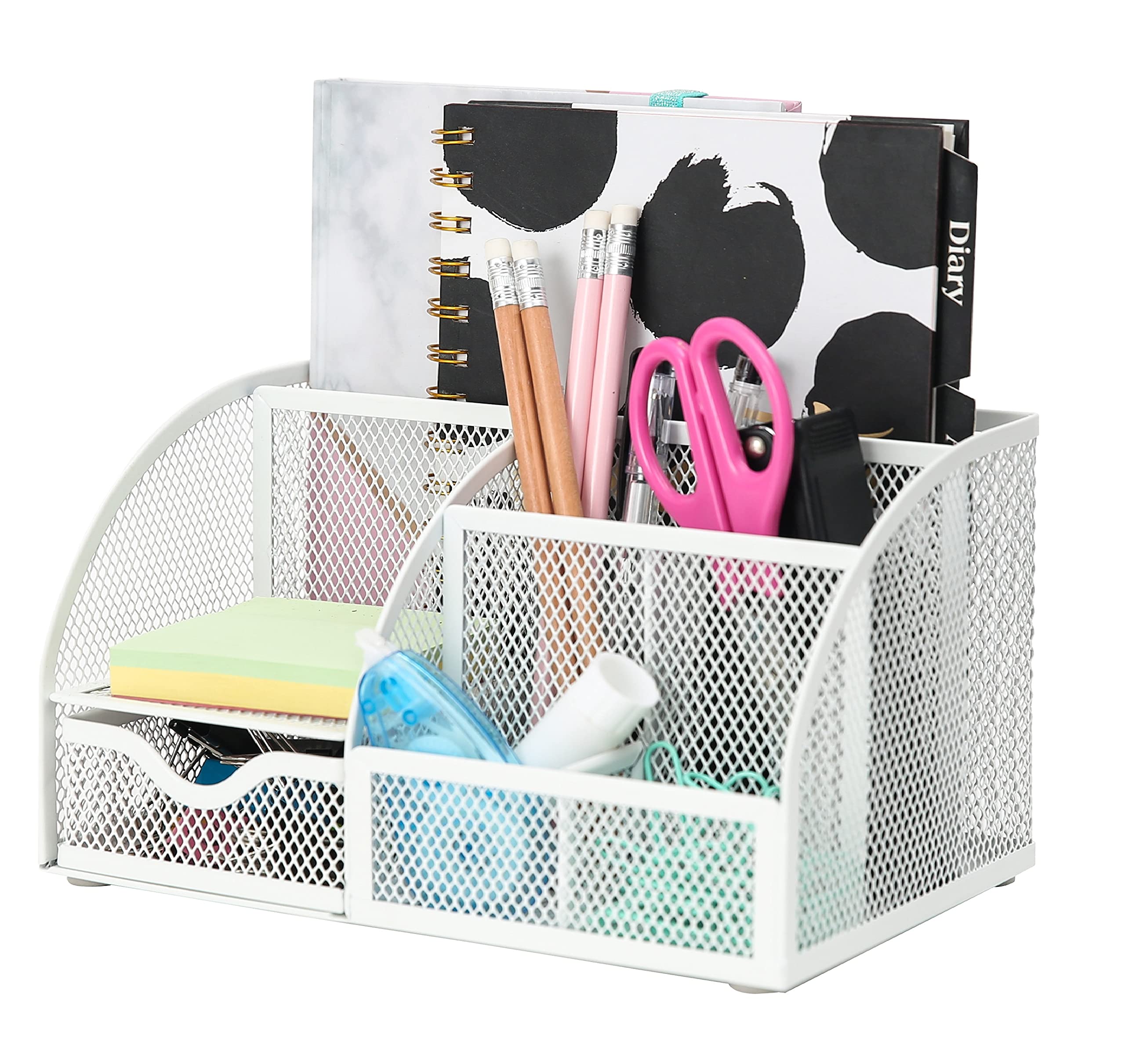 Exerz Desk Organizer White Office Desk Accessories Supplies Office Storage Desktop Pencil Pen Holder with Drawer Home Workspace