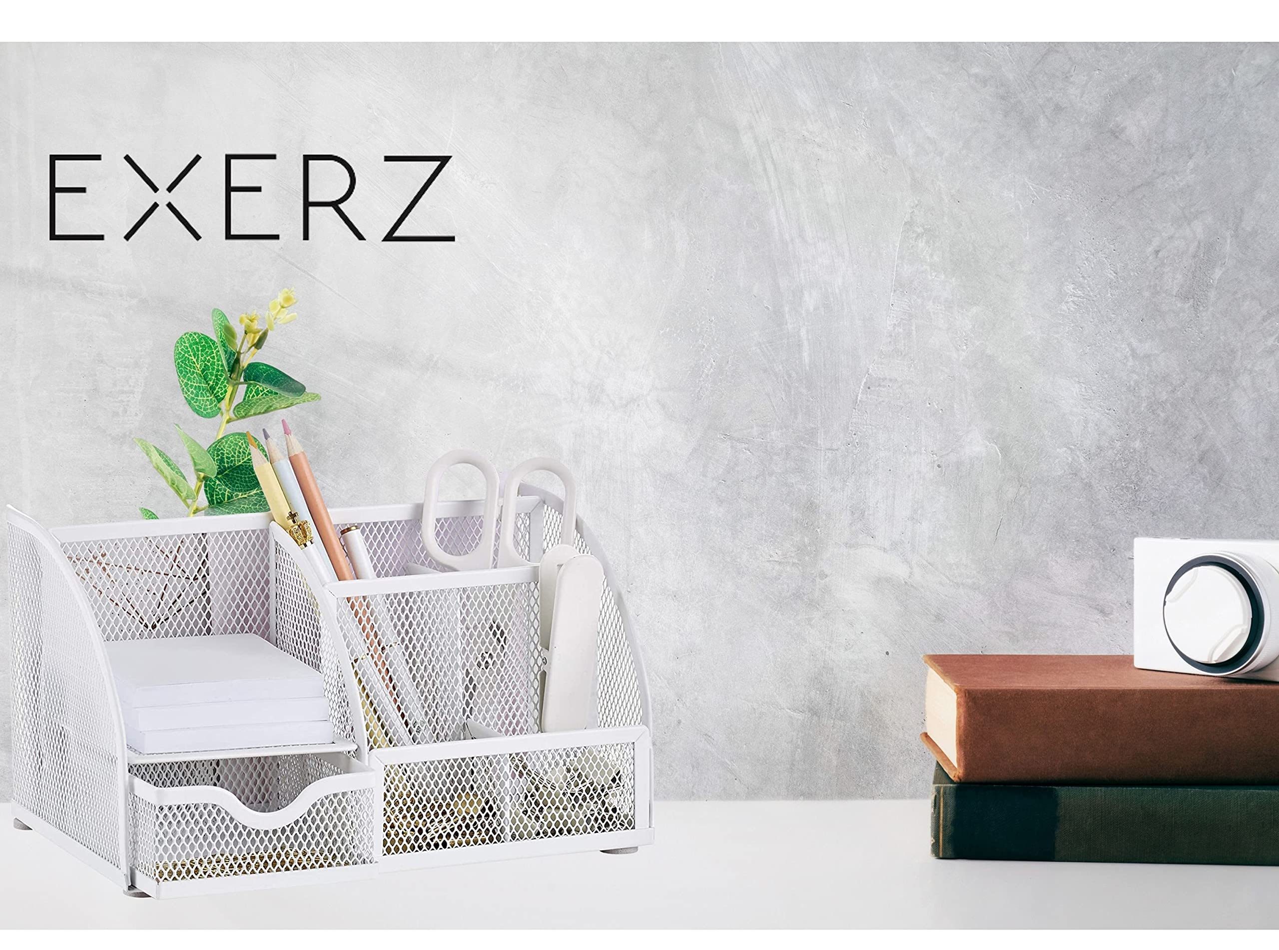 Exerz Desk Organizer White Office Desk Accessories Supplies Office Storage Desktop Pencil Pen Holder with Drawer Home Workspace