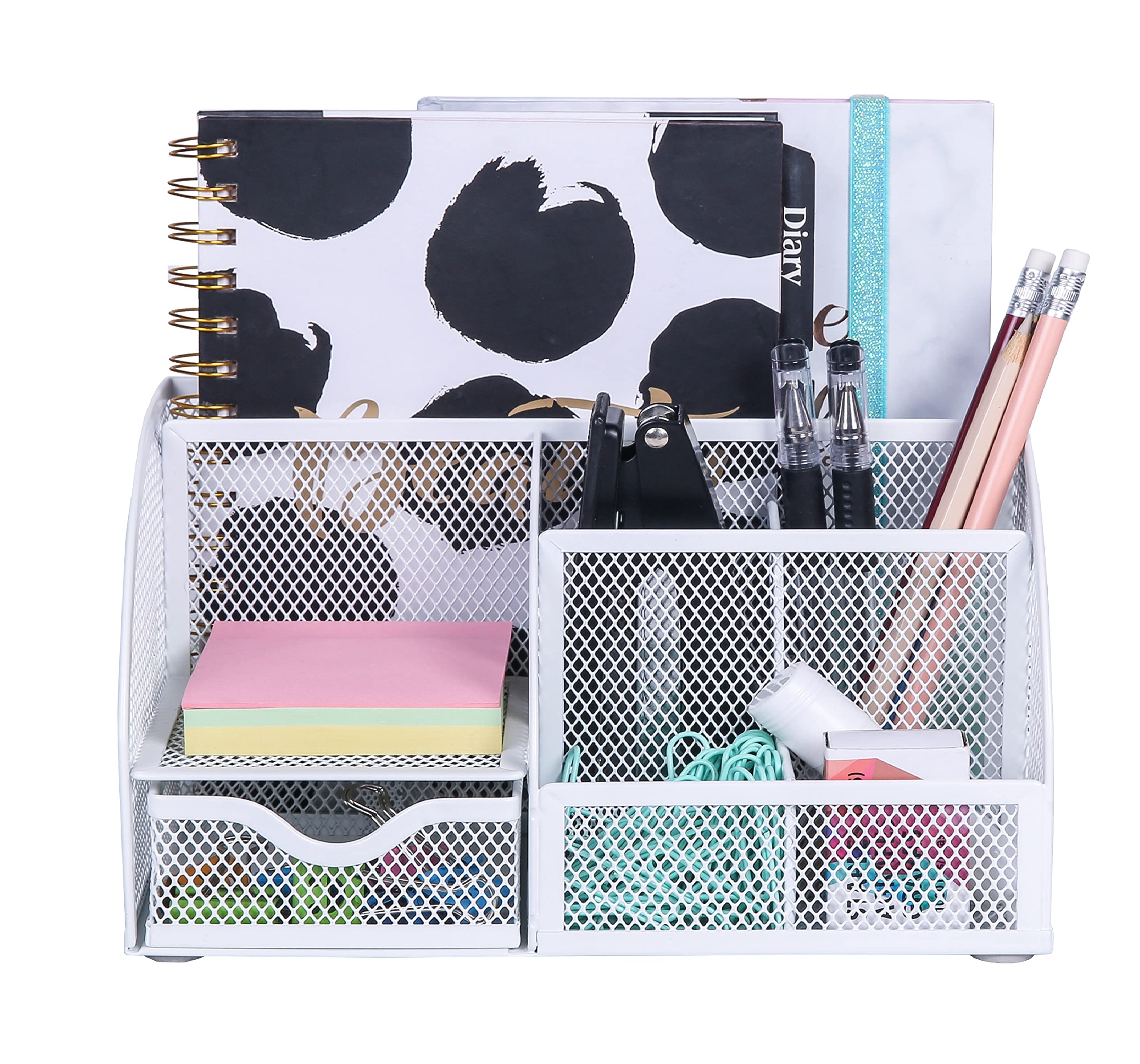 Exerz Desk Organizer White Office Desk Accessories Supplies Office Storage Desktop Pencil Pen Holder with Drawer Home Workspace