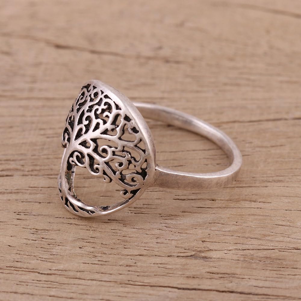 NOVICA Artisan Handmade .925 Sterling Silver Cocktail Ring Indian with Jali Tree Motif Leaf 'Majestic Jali Tree'