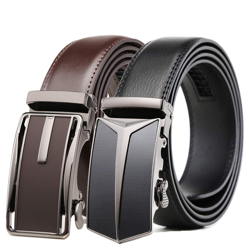 Founders & C Mens Belt 2 Pack,Leather Ratchet Click Belt Dress with Slide Buckle 1 3/8" in Gift Set Box- Size Adjustable (Ratchet Belt Black/Dark Brown, 28"-42" Waist Adjustable)