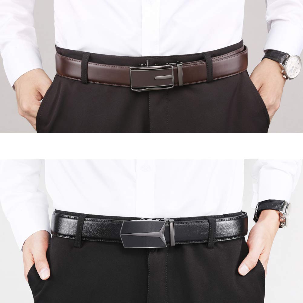 Founders & C Mens Belt 2 Pack,Leather Ratchet Click Belt Dress with Slide Buckle 1 3/8" in Gift Set Box- Size Adjustable (Ratchet Belt Black/Dark Brown, 28"-42" Waist Adjustable)