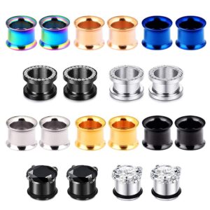 Beautidots 10 Pairs Screw Fit Ear Gauges Surgical Steel Tunnels CZ Ear Stretcher Plugs Body Piercing Jewelry for Women Men Size 2g-5/8 (00g(10mm))