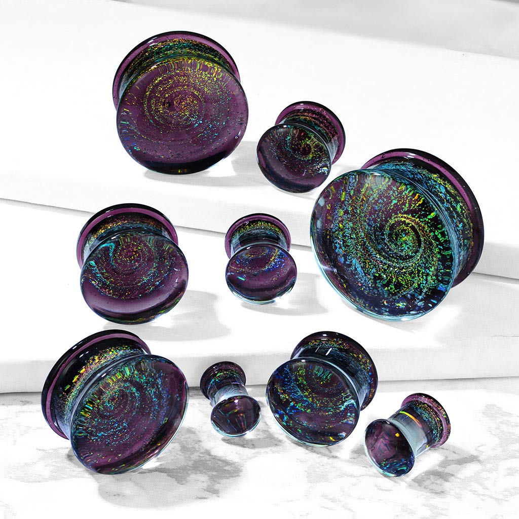 Pierced Owl Purple Galaxy Sparkle Swirl Double Flared Glass Plugs, Sold as a Pair (22mm (7/8"))