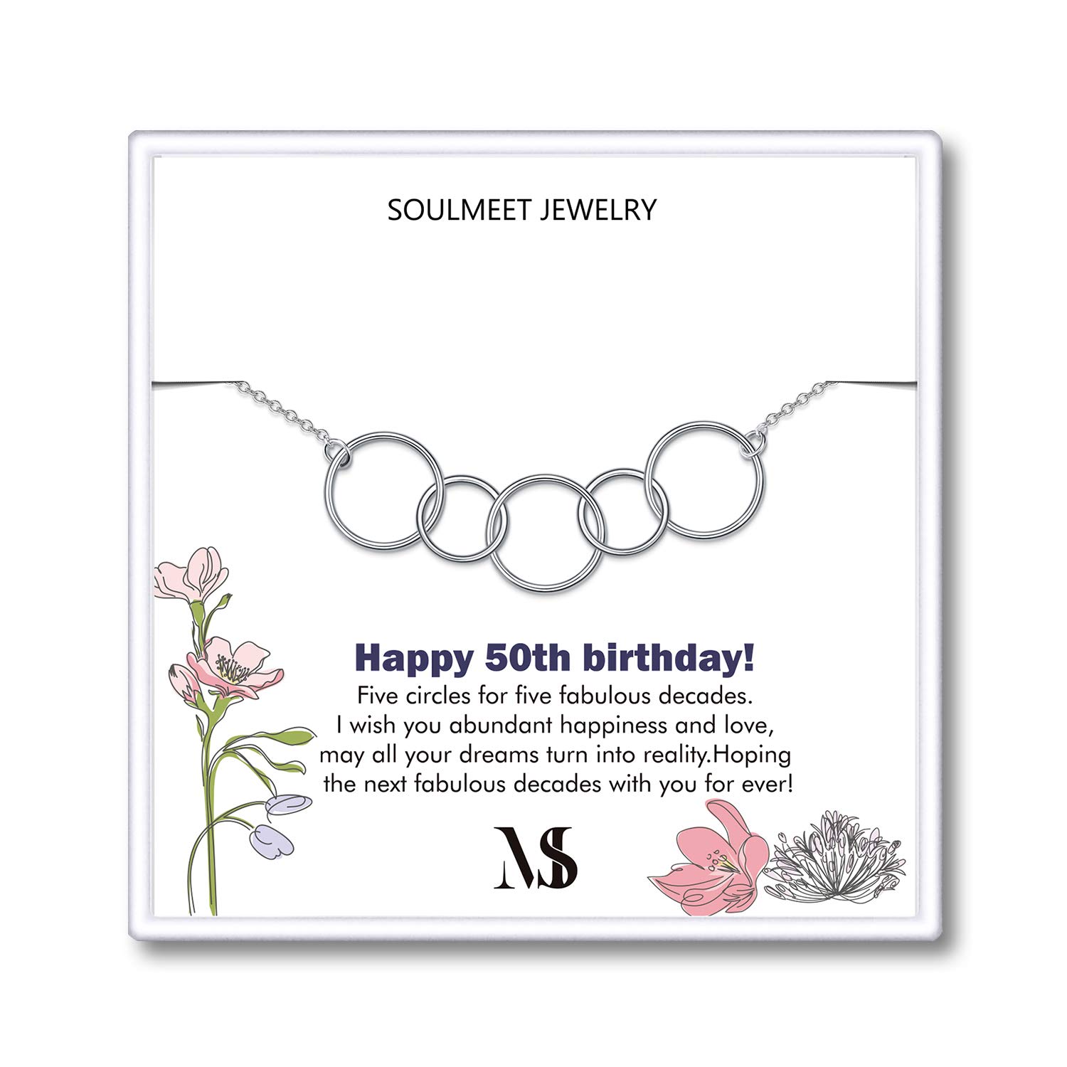 SOULMEET 50th Birthday Gifts for Women, Sterling Silver Five Circles Bracelet for Her, 5 Decades Jewelry 50 Years Old