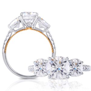 DovEggs 14K Yellow Gold Inner Half Shank Sterling Silver Outside Shank Center 4ct 6mm7.5mm6mm GHI Color Vintage Cushion CutThree Stones Moissanite Engagement Rings with Accents Band Width 2.3mm,