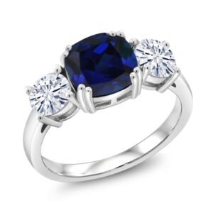 925 Sterling Silver Blue Created Sapphire and Forever Classic Moissanite From Charles & Colvard 3 Stone Engagement Ring For Women (3.50 Cttw, Gemstone September Birthstone, Cushion 8MM, Size 5)