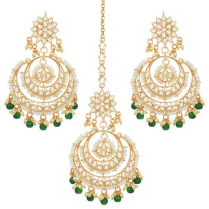 aheli bollywood ethnic chandbali style big earrings maang tikka set traditional fashion jewelry for women (green)