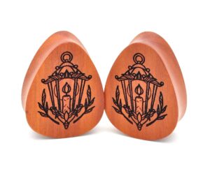 mystic metals body jewelry pair of laser engraved wood lantern teardrop plugs (pw-334)(saba wood) (1-1/2" (38mm))