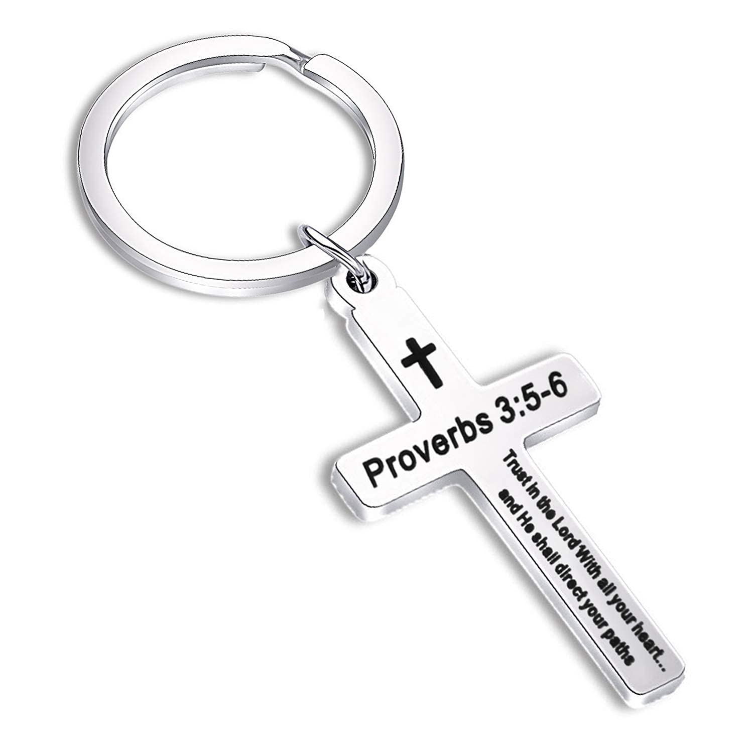 BEKECH Christian Keychain Trust in The Lord Proverbs 3:5-6 Keychain Cross Charm Religious jewelry Christian Gift (silver cross)