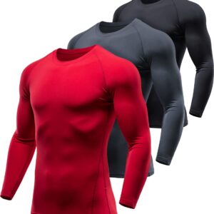 ATHLIO Men's Thermal Long Sleeve Compression Shirts, Winter Gear Sports Base Layer Top, Athletic Running T-Shirt, Active Top 3pack Black/Charcoal/Red, Medium