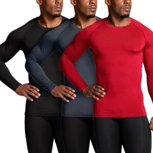 ATHLIO Men's Thermal Long Sleeve Compression Shirts, Winter Gear Sports Base Layer Top, Athletic Running T-Shirt, Active Top 3pack Black/Charcoal/Red, Medium