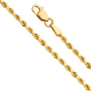 14k real yellow gold 2.5mm rope hollow chain necklace with lobster claw clasp - 20"