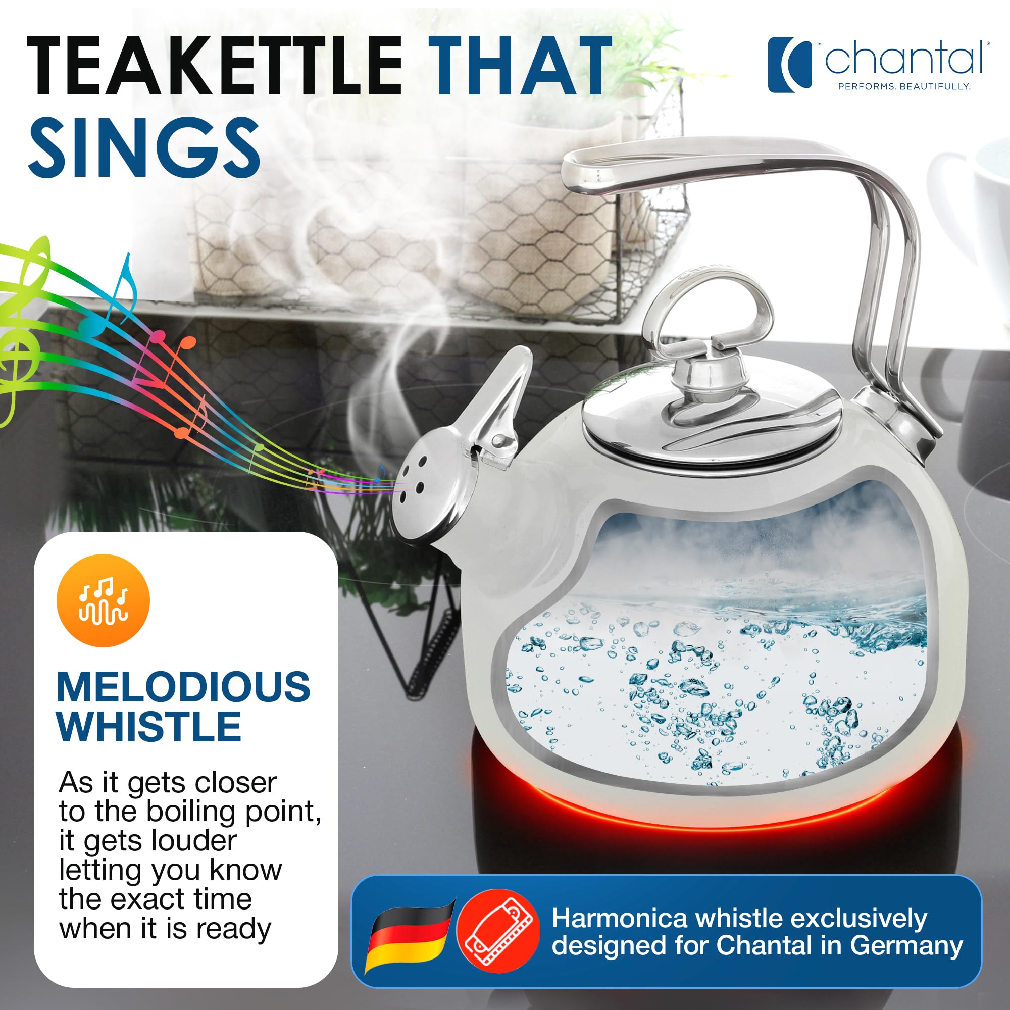 Chantal Classic Teakettle, 1.8 QT, Enamel On Steel, 2-Tone Harmonica Whistle, Rapid Boil and Even Heating (Almond)