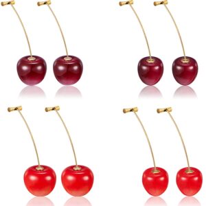 hicarer 4 pairs cherry earrings cherry dangle earrings 2 sizes 3d cherry fruit earrings with 10 pieces ear lines for women