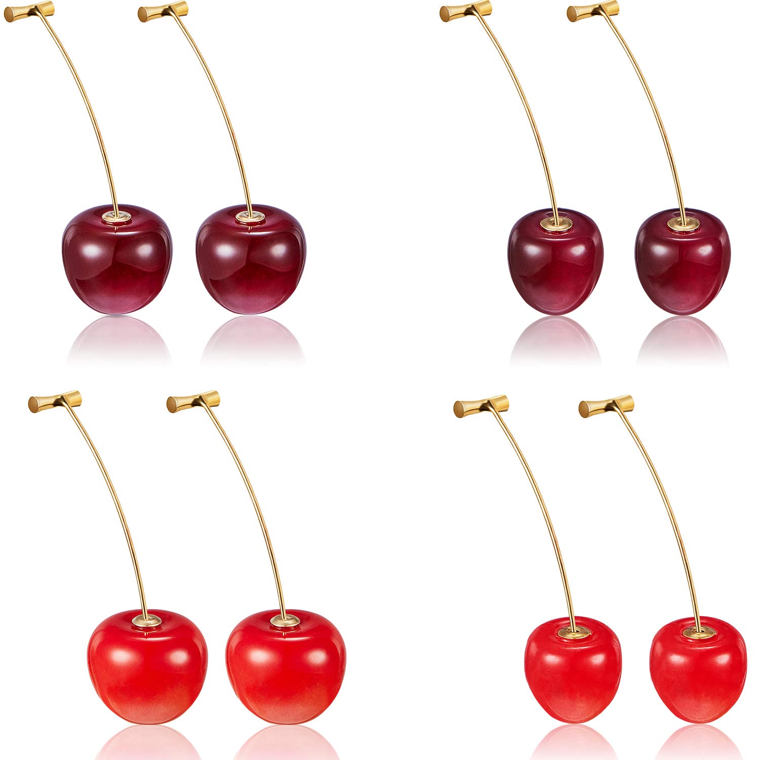 Hicarer 4 Pairs Cherry Earrings Cherry Dangle Earrings 2 Sizes 3D Cherry Fruit Earrings with 10 Pieces Ear Lines for Women