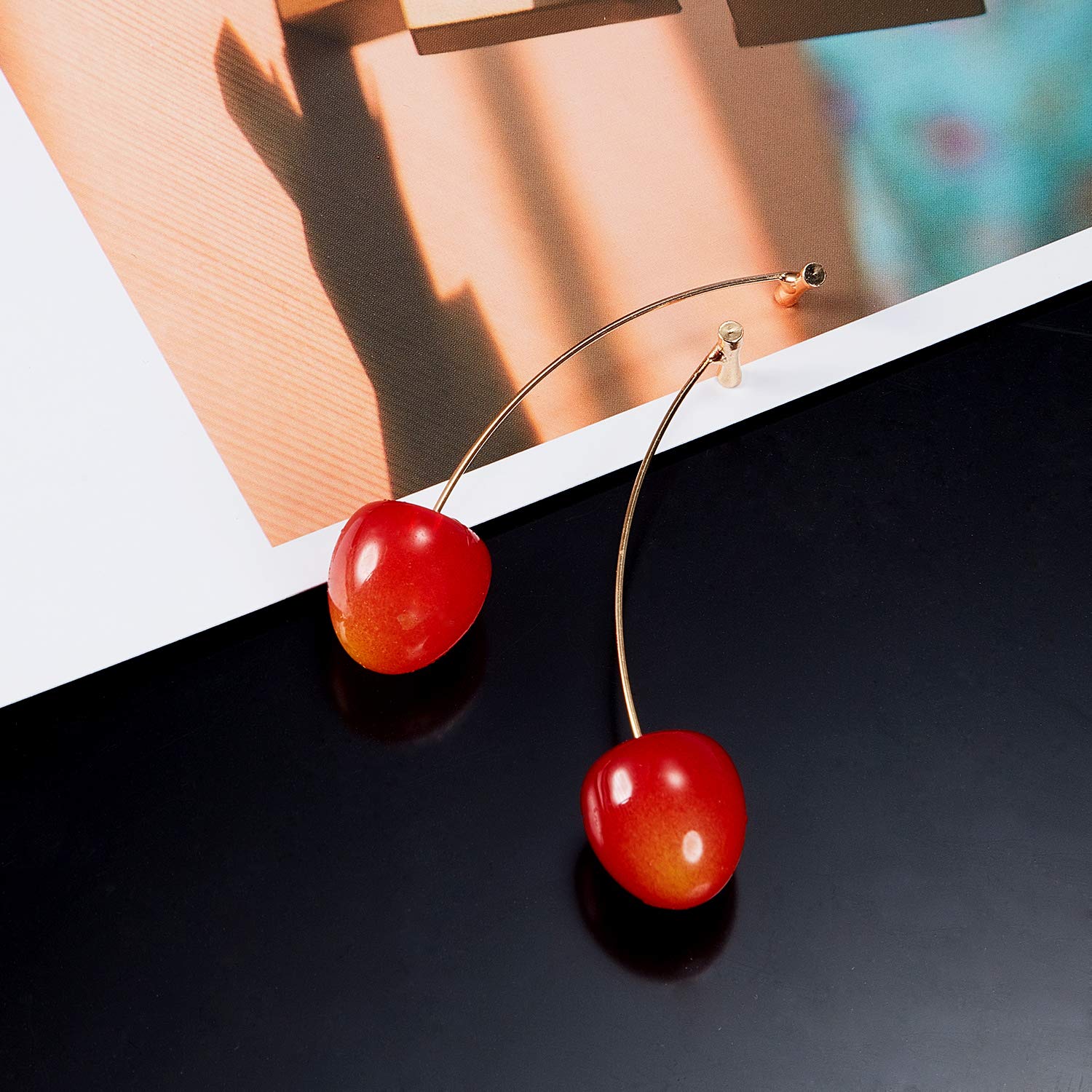 Hicarer 4 Pairs Cherry Earrings Cherry Dangle Earrings 2 Sizes 3D Cherry Fruit Earrings with 10 Pieces Ear Lines for Women