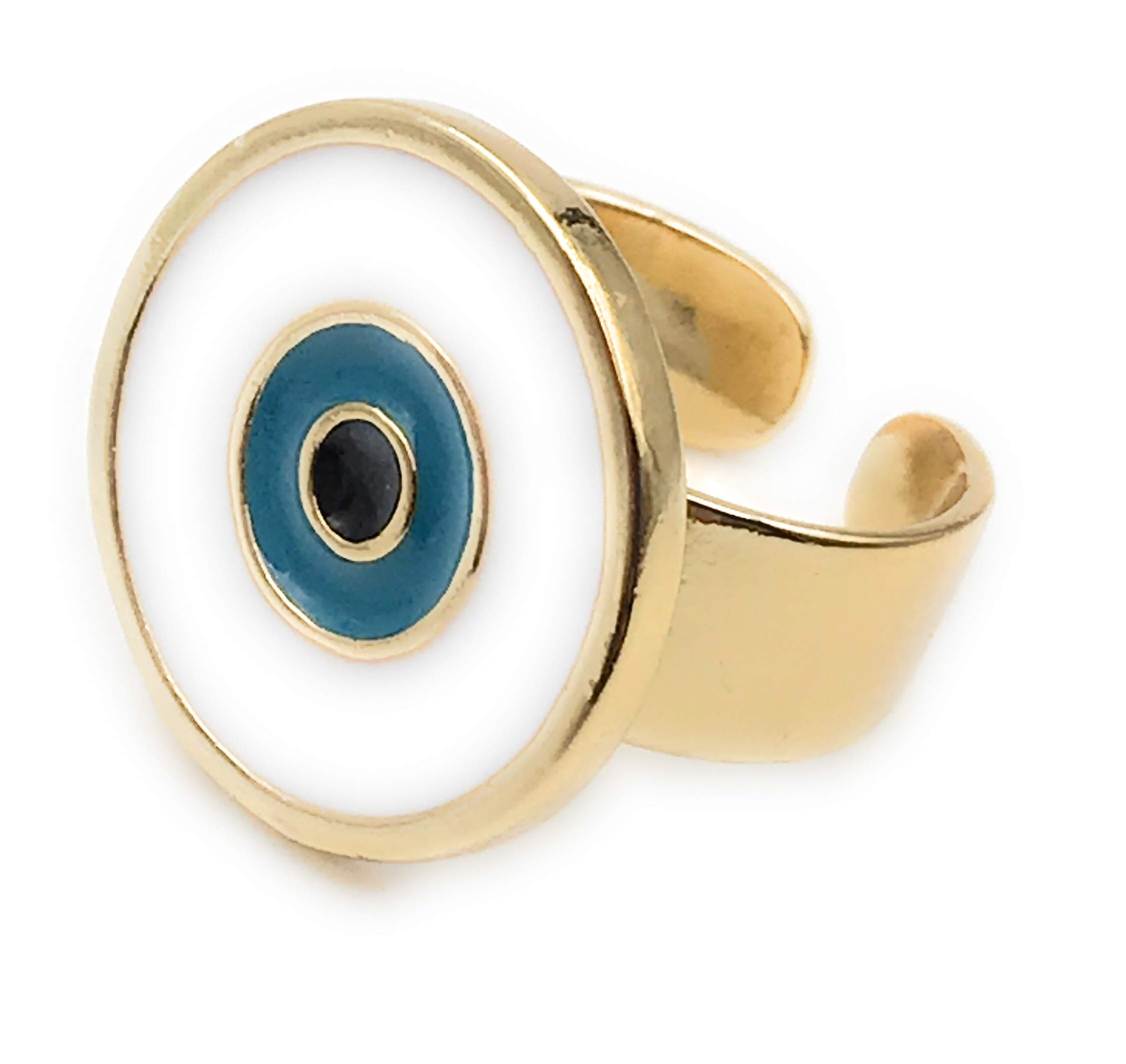 LESLIE BOULES Evil Eye Enamel Ring Adjustable Size Protection Jewelry