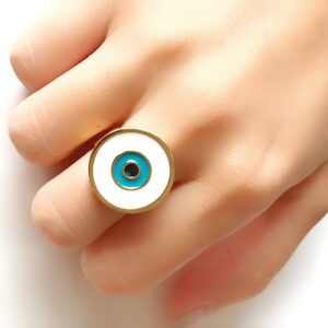 LESLIE BOULES Evil Eye Enamel Ring Adjustable Size Protection Jewelry