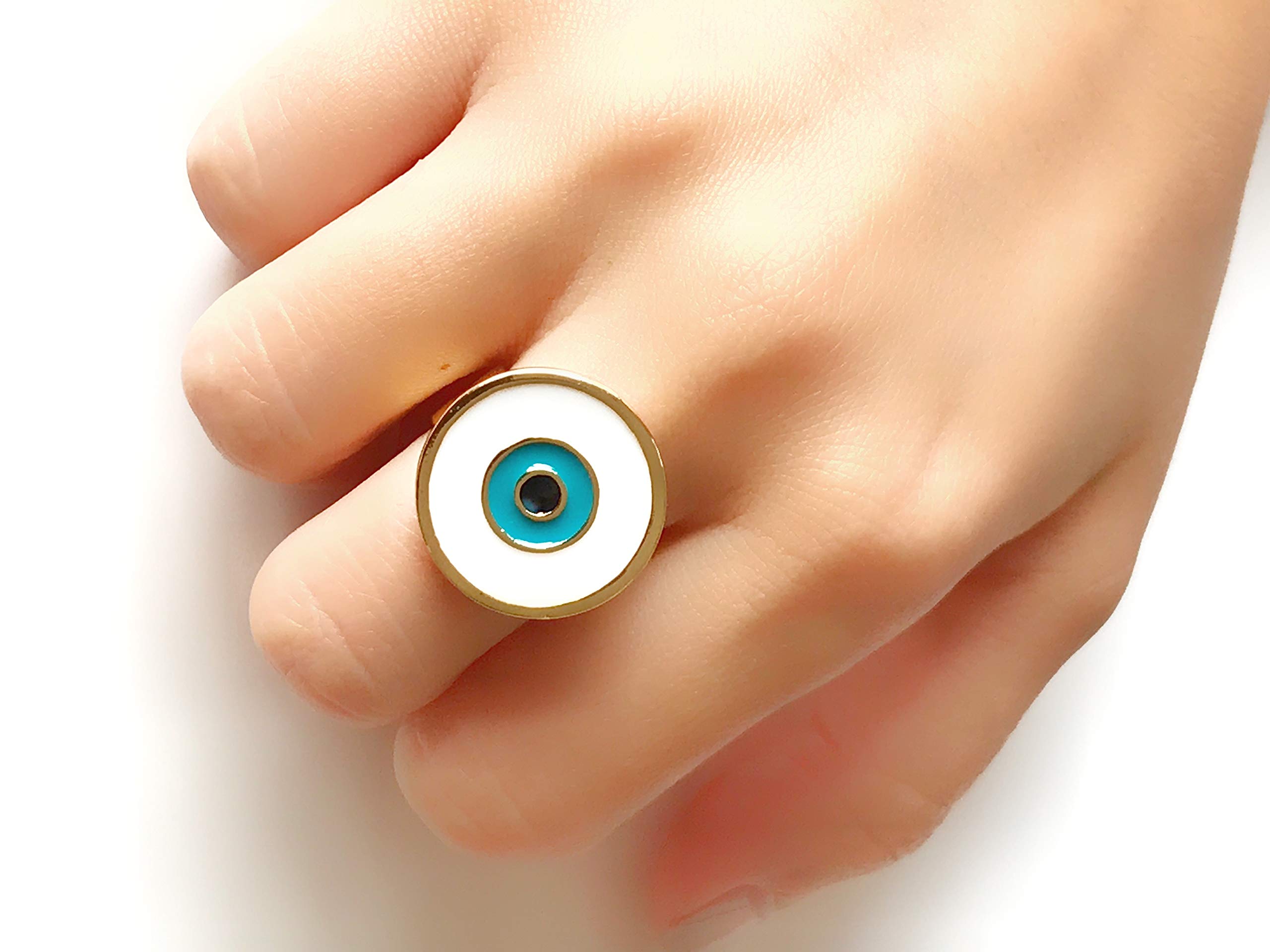 LESLIE BOULES Evil Eye Enamel Ring Adjustable Size Protection Jewelry