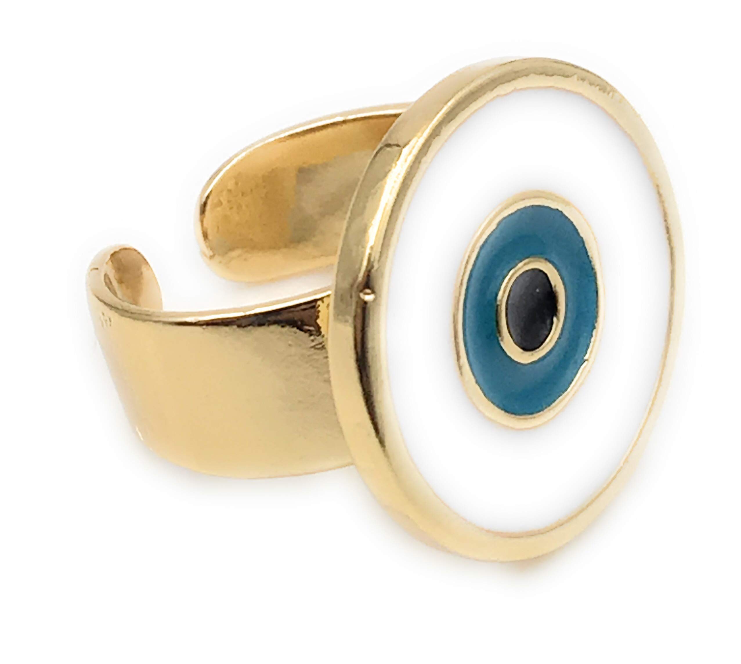 LESLIE BOULES Evil Eye Enamel Ring Adjustable Size Protection Jewelry