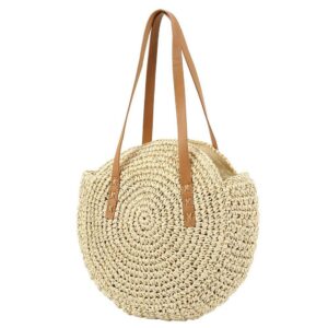 straw woven bags for women - beach bags handwoven straw rattan totes shoulder leather summer handbags cross-body bags beige