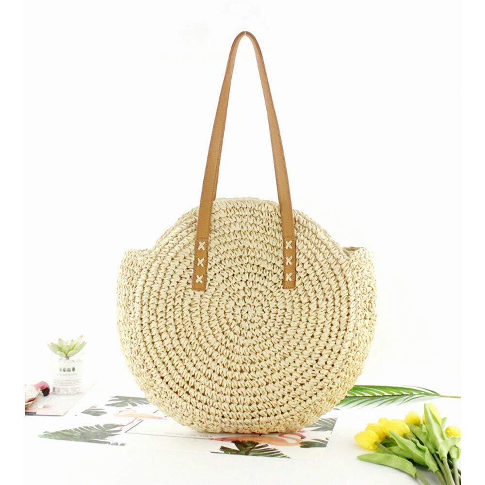 Straw Woven Bags for Women - Beach Bags Handwoven Straw Rattan Totes Shoulder Leather Summer Handbags Cross-Body Bags Beige