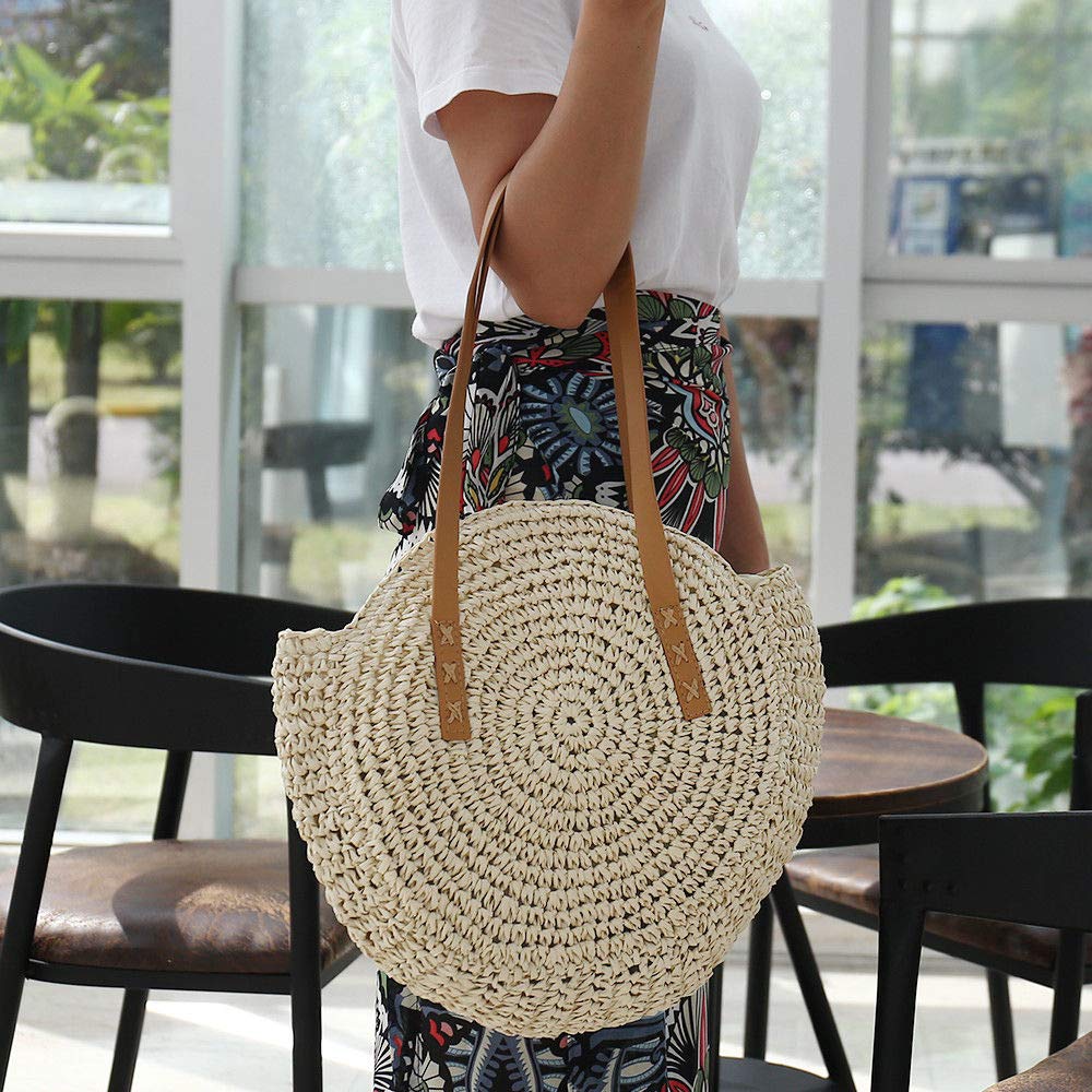 Straw Woven Bags for Women - Beach Bags Handwoven Straw Rattan Totes Shoulder Leather Summer Handbags Cross-Body Bags Beige