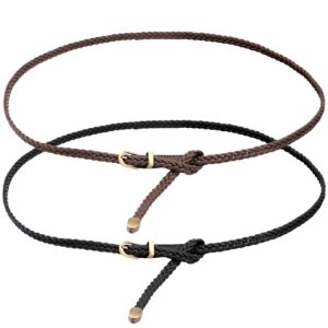 ayliss braided belt women pu leather waist belt skinny woven belt for dress/jeans (black+brown(2pcs))