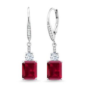 Gem Stone King 925 Sterling Silver Red Created Ruby Dangle Earrings For Women (5.60 Cttw, Gemstone July Birthstone, Emerald Cut 9X7MM)